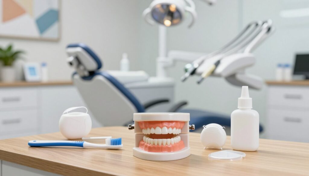 A clean and serene dental office environment, showcasing a dental model of healthy gums and teeth in the foreground. The model should be situated on a polished wooden table, surrounded by dental hygiene products like a toothbrush, dental floss, and mouthwash. In the middle ground, a softly lit dental chair with a professional dental light contributes to the clinical atmosphere. The background features abstract art related to dental care and a plant for a touch of greenery, enhancing the overall calm mood. The lighting is bright and inviting, emphasizing cleanliness and professionalism. Capture the scene from a slightly elevated angle to create depth, ensuring a focus on the importance of oral hygiene and care after a gum graft procedure.
