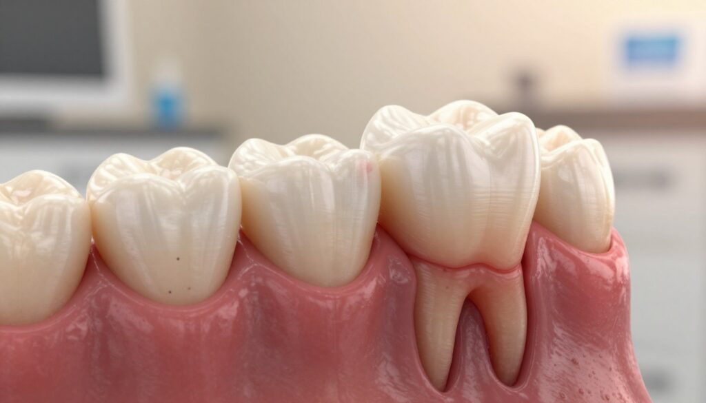 A close-up, detailed depiction of a human gum with a tooth root left embedded, showcasing early and late symptoms of dental complications. In the foreground, focus on the inflamed gum tissue, colored red and swollen, with a visible tooth root partially exposed. In the middle ground, include a subtle representation of bacteria or infection signs, such as small dark spots or patches, indicating the risk of infection. The background should be softly blurred, suggesting a sterile dental office environment, with warm, soft lighting to create a clinical yet engaging atmosphere. Capture the image from a slightly elevated angle to emphasize the dental issue while maintaining a professional aesthetic.
