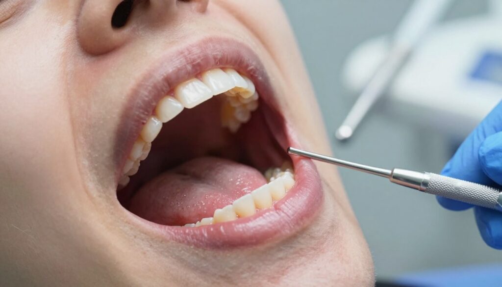 A close-up of a healthy human mouth and gums, showcasing a small, healing wound on the gum line. The foreground features the open mouth, with bright, natural lighting emphasizing the textures of the gums and teeth, highlighting the contrast between the healthy tissue and the injury. The middle section shows the dentist's tools in a sterile environment, suggesting a professional setting. In the background, out-of-focus dental equipment highlights the clinical atmosphere. The shot is taken at a slight angle for depth, conveying a sense of careful examination. The overall mood is educational and informative, aiming to evoke a sense of awareness about proper oral care.