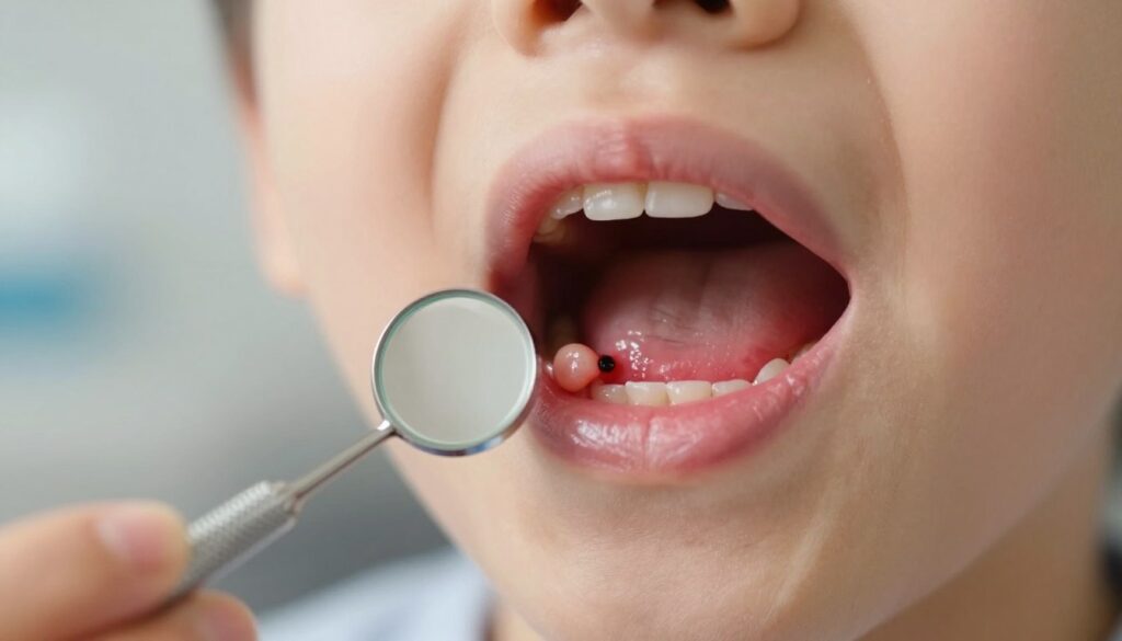A close-up view of a child's gum area showing symptoms of a dental fistula. The foreground should focus on a bright, clean mouth with a visible gum infection, illustrating redness and swelling, with a small pus-filled bump indicative of a fistula. The background should be softly blurred to emphasize the dental issue, with warm, natural light highlighting the details. Include a dental instrument in the scene, such as a mirror or probe, positioned on the side to suggest a clinical environment. Capture a calm and informative atmosphere, evoking concern but also a sense of professionalism, appropriate for a medical article on dental health. No text, watermarks, or distractions should be present.