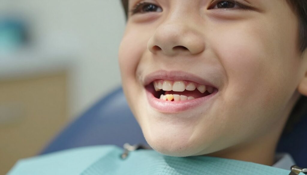 A close-up view of a child's gum showcasing a dental abscess. In the foreground, focus on the inflamed gum tissue with a small, yellowish-white pus-filled area, highlighting the texture and color variations. The middle ground should display a child's partial smile, revealing the affected area, while maintaining a gentle, innocent expression to convey the child's youth. The background should be softly blurred, perhaps hinting at a dental office environment with warm, calming colors to create a reassuring atmosphere. Use soft, diffused lighting to enhance the details of the gum while keeping the mood educational and sensitive. The angle should be slightly tilted to give depth, emphasizing the dental condition without being graphic.