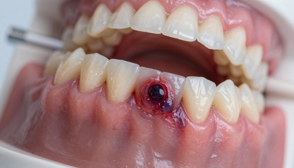 A close-up view of a dental gum surface featuring a prominent hematoma on the gumline, depicted in rich detail. The foreground showcases the inflamed area with a vivid red and purplish hue, highlighting the swelling around the hematoma. A dental model may be subtly positioned in the background to provide context. The lighting is soft yet focused, casting gentle shadows that emphasize the texture of the gum tissue. The angle is slightly above the gumline to effectively capture the nuances of the hematoma. The overall mood conveys concern and urgency, emphasizing the importance of immediate care and observation. The setting is clinical and clean, devoid of any distractions, ensuring a professional and educational atmosphere.