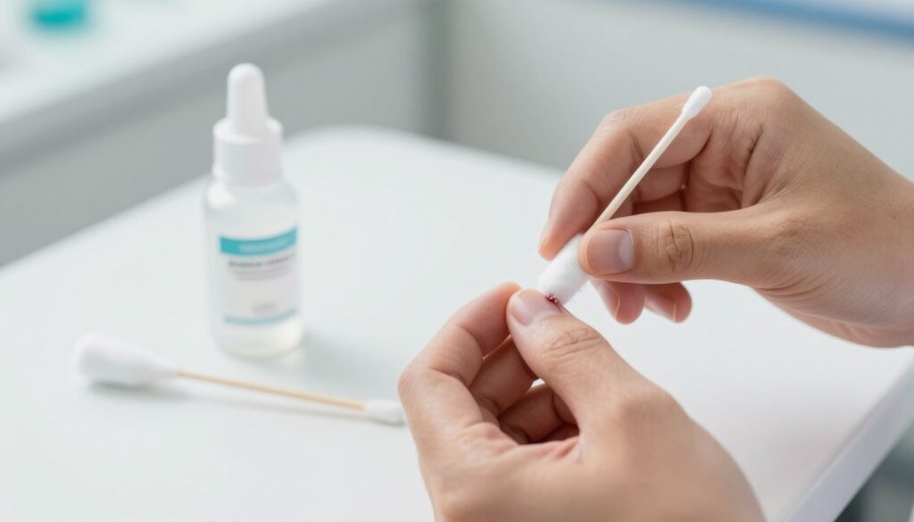 A close-up view of a first aid scenario focusing on a person's hand gently applying antiseptic to a small cut on the gum, set against a softly blurred dental clinic background. The foreground features the hand in a modest, professional bandage, with a small bottle of antiseptic and a cotton swab nearby. Bright, natural lighting illuminates the scene, highlighting the textures of the skin and the sterile equipment. The mood is calm and reassuring, intended to convey an atmosphere of care and professionalism, emphasizing the importance of proper dental first aid. Capture the image from an overhead angle to provide a clear view of the action while maintaining focus on the injury's treatment.