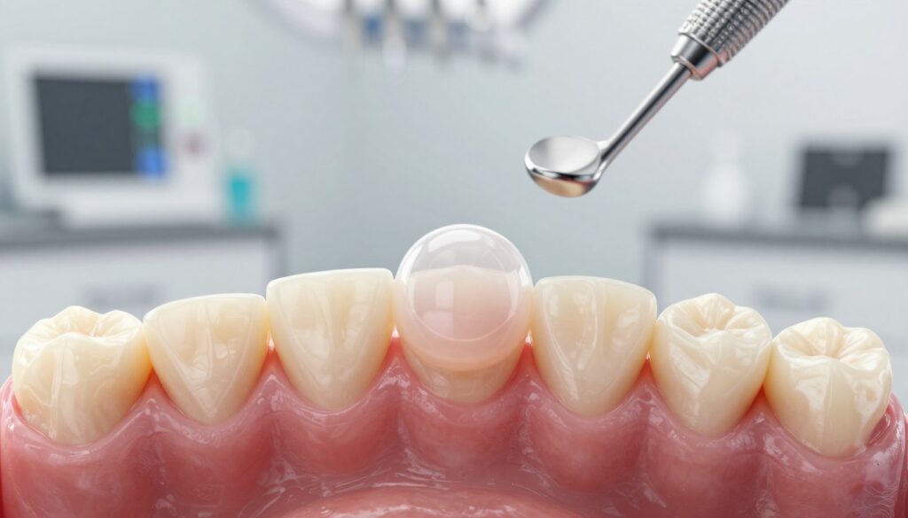 A close-up view of a soft bubble on the gum near an upper wisdom tooth, illustrating a dental examination scenario. In the foreground, focus on a detailed, high-resolution depiction of the gum tissue, showcasing realistic textures and colors, with the soft bubble prominently featured. The middle section should include a gently lit dental instrument hovering nearby, emphasizing the clinical context. The background can feature a blurred dental office setting, softly illuminated to convey a professional atmosphere. Use soft, even lighting to create a calm and informative mood, capturing the subject matter without any distractions. The image should be void of any text or markings, focusing solely on the dental condition in an educational manner.