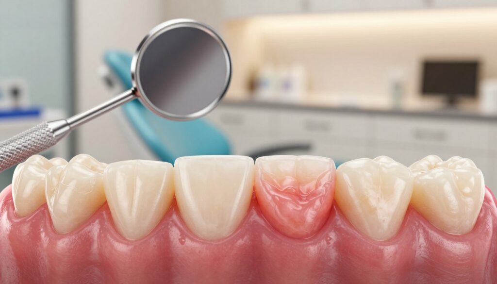A close-up view of healthy gums contrasted with signs of dental issues, showcasing the visual differences. In the foreground, a detailed rendering of healthy pink gums, smooth and firm, alongside inflamed, pale gums with noticeable swelling and discoloration. The middle ground includes dental tools like a mirror and probe, emphasizing a dental care theme. In the background, a blurred dental office setting, softly lit with warm light, creating an inviting and professional atmosphere. The image should capture attention with vivid colors and textures, highlighting the importance of gum health in a clinical yet approachable manner. Use a macro lens perspective to enhance the details of the gum tissues, avoiding any human figures or distractions.
