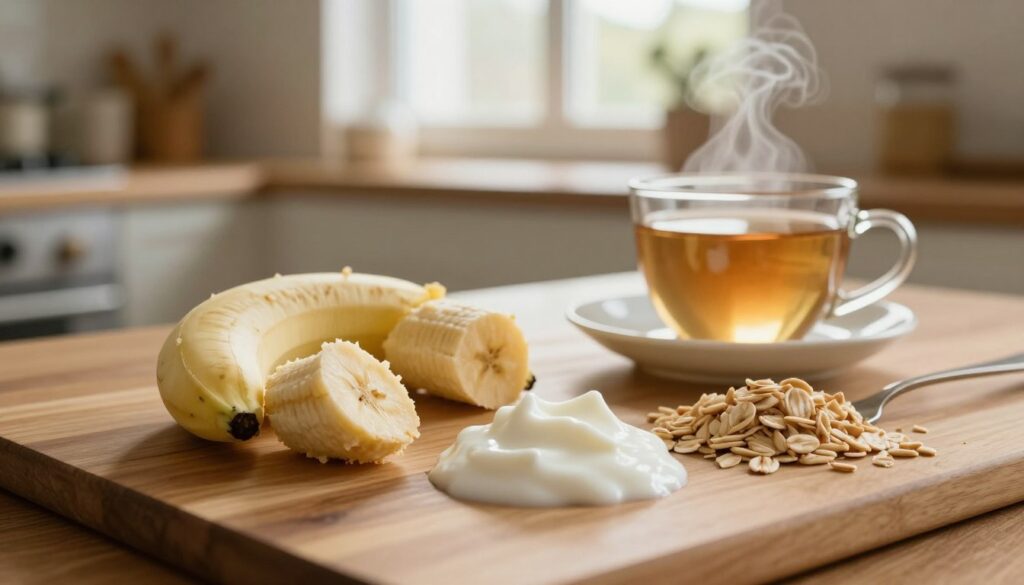 A cozy kitchen setting with a focus on a wooden table topped with soft, easily chewable foods like mashed bananas, yogurt, and warm oatmeal, symbolizing a gentle diet suitable for someone experiencing gum pain. In the background, a softly lit window lets in warm, natural light, creating a soothing atmosphere. A steaming cup of herbal tea sits beside the food, hinting at comforting warmth. A close-up angle emphasizes the textures of the food and the inviting ambiance of the kitchen. The color palette includes warm earth tones, evoking a sense of relaxation and care. The scene should depict a serene and supportive environment conducive to healing. No people should be present, allowing the food and the setting to convey the focus on gentle eating during gum discomfort.