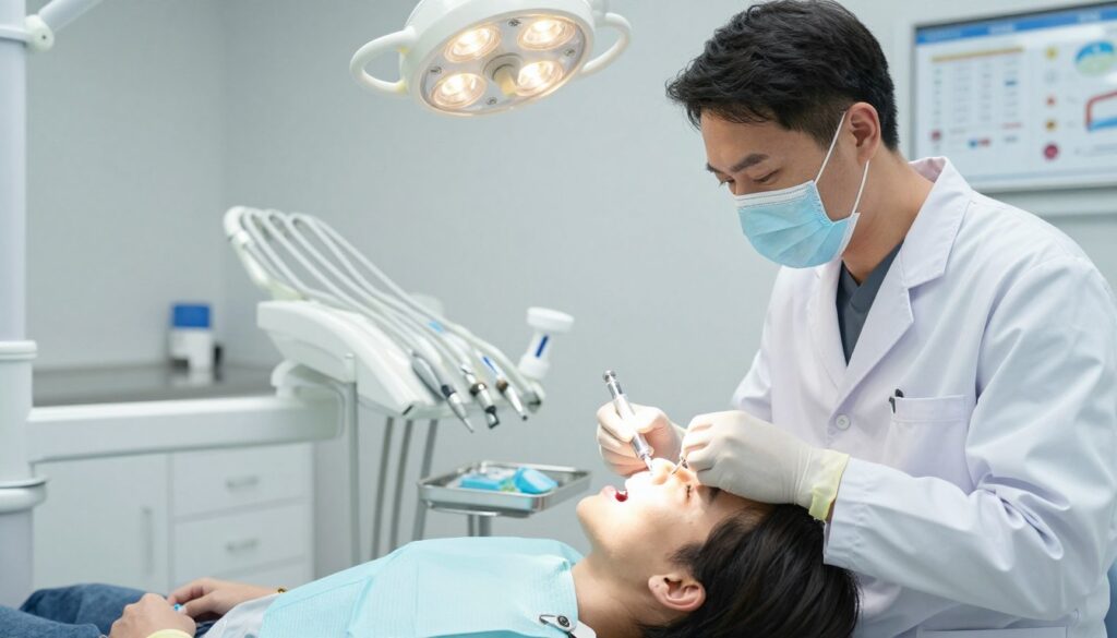 A dental clinic scene showcasing the process of a gum graft procedure under local anesthesia. In the foreground, a dentist wearing professional attire, including a lab coat and gloves, is carefully preparing instruments on a sterile tray, symbolizing professionalism and precision. In the middle ground, a patient reclines in a dental chair, appearing calm and comfortable, with a local anesthesia syringe and a dental bib nearby. The background features clinical equipment, bright overhead lights, and charts on the walls, enhancing the atmosphere of a modern dental practice. The lighting is bright and clinical, creating a safe and sterile environment. The overall mood is focused and reassuring, highlighting the meticulous steps involved in the gum graft procedure.