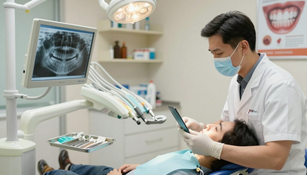 A detailed dental office scene showcasing the "ekstrakcja" procedure. In the foreground, a dentist dressed in professional attire is carefully examining a patient's dental X-rays on a digital screen, looking concerned yet focused. The dental chair is visible, with dental tools neatly arranged on a nearby tray, casting reflections of soft overhead lighting. In the middle ground, the patient, also dressed modestly, sits in the dental chair with a calm expression, ready for treatment. The background is filled with shelves of dental supplies and posters illustrating gum health, creating an informative and clinical atmosphere. The lighting is bright yet warm, conveying a sense of professionalism and care, while maintaining a sterile and safe environment. The image captures the importance of dental health and the critical decisions involved in tooth extraction.