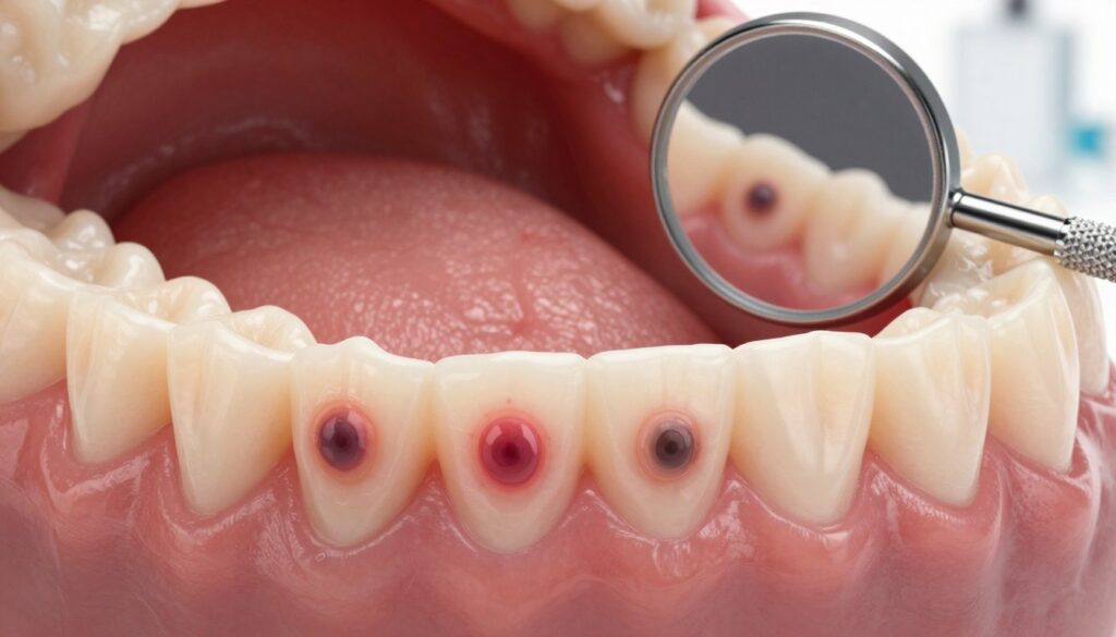 A detailed illustration of oral cavity changes for medical differentiation, showing a close-up view of healthy gums contrasted with various types of lesions, including hematomas and other oral conditions. The composition should feature bright, natural lighting that emphasizes the textures and colors of the tissues, making it suitable for educational purposes. The foreground should focus on the gums, with a clear depiction of the lesions in varying stages. In the middle ground, a dental mirror can be included, reflecting the different areas being examined. The background should be softly blurred, suggesting a clinical environment. The atmosphere should be informative and professional, ideal for a medical article aimed at educating readers about oral health.