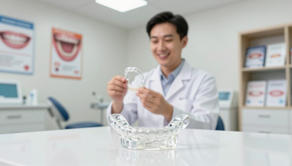 A detailed image of a dental clinic setting showcasing a removable orthodontic appliance, also known as braces. The foreground displays a close-up of the transparent orthodontic device on a polished surface, highlighting its sleek design and comfortable fit. In the middle background, a smiling person in professional attire examines the appliance, illustrating a sense of satisfaction and confidence. The clinic is bright and welcoming, with soft overhead lighting to create a calm atmosphere. The walls are decorated with dental posters and a bookshelf filled with dental care brochures. The overall mood is informative and positive, aimed at educating viewers about costs and options for removable braces.