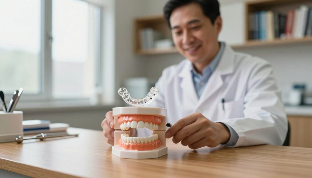 A professional dental office setting featuring a close-up of a dental model displaying a removable orthodontic appliance, with a focus on the appliance's intricate details and fit. In the foreground, a clear, well-lit dental model on a polished wooden desk. In the middle, a professional orthodontist wearing a lab coat examines the model with a subtle smile, showcasing confidence and expertise. The background includes shelves filled with dental tools and textbooks, softly blurred to emphasize the model and the orthodontist. Warm, natural lighting filters through a large window, creating a welcoming atmosphere. The composition conveys a sense of professionalism and trust, ideal for illustrating the duration and effects of orthodontic treatment.