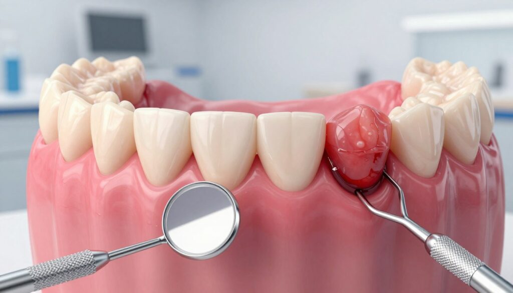 Illustrate the symptoms of gum disease with a detailed close-up image of healthy and unhealthy gums side by side. In the foreground, focus on the vibrant pink color of healthy gums, showcasing their smooth texture and firm appearance. Contrast this with a depiction of inflamed, red gums exhibiting signs of bleeding and recession, highlighting problematic areas. The middle ground should feature dental tools like a mirror and probe, emphasizing a clinical setting. In the background, softly blurred dental office elements create a professional atmosphere. Use bright, natural lighting to enhance the visibility of the gum conditions while maintaining a clean, sterile vibe. The overall mood should be informative and educational, aimed at raising awareness of dental health without any added text or distractions.