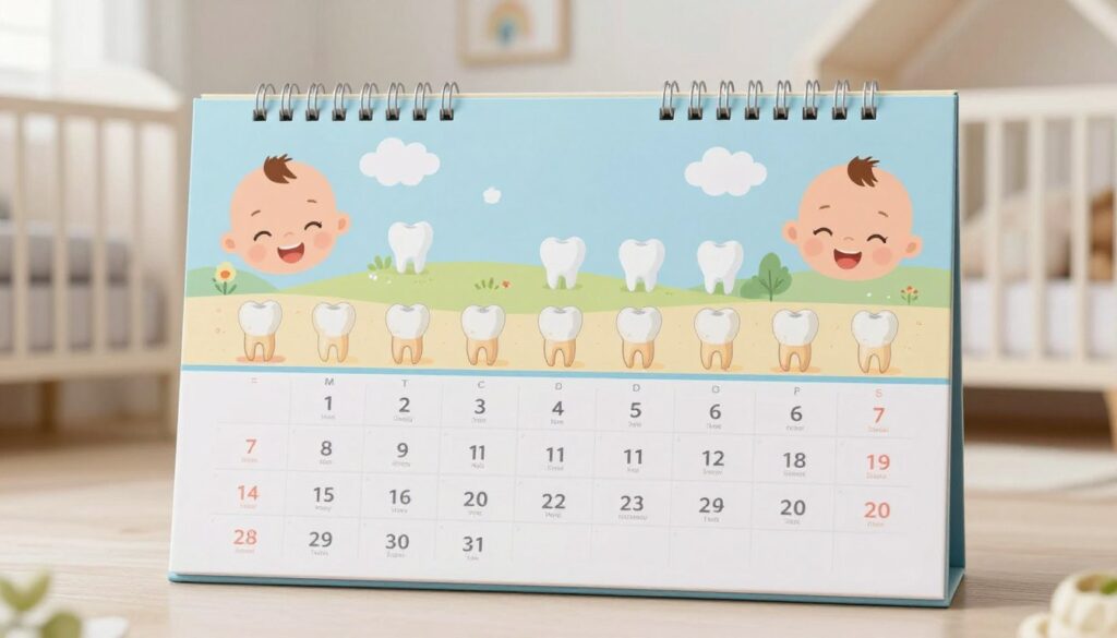 A beautifully illustrated calendar displaying the timeline of baby teeth eruption, specifically for the first twenty-four months of a child's life. In the foreground, a detailed chart showcasing baby teeth stages, including descriptions and illustrations of each tooth's emergence. The middle layer features soft pastel colors and playful, child-friendly designs, incorporating smiling baby faces and tooth icons. In the background, a cozy nursery scene with soft lighting creates a warm and inviting atmosphere. The image conveys a sense of care and affection, suitable for parents. Utilize a bright, natural light setting with a shallow depth of field to emphasize the calendar while softly blurring the nursery backdrop, enhancing the focus on the important milestone of teething.