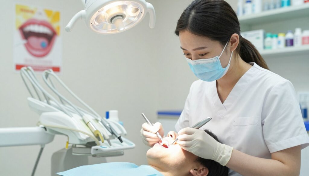 A bright and clean dental clinic environment, showcasing a close-up view of a dental hygienist in professional attire, gently performing an oral hygiene procedure on a patient reclining in a dental chair. The hygienist uses modern dental tools, with gleaming instruments and a bright overhead light illuminating the scene. In the background, shelves filled with dental care products and colorful posters about oral health can be seen, adding a touch of vibrancy. The atmosphere is calm and reassuring, suggesting a focus on preventive care and professional dental hygiene. Soft, diffused lighting creates a warm, welcoming mood, enhancing the feeling of trust and health in the clinic.
