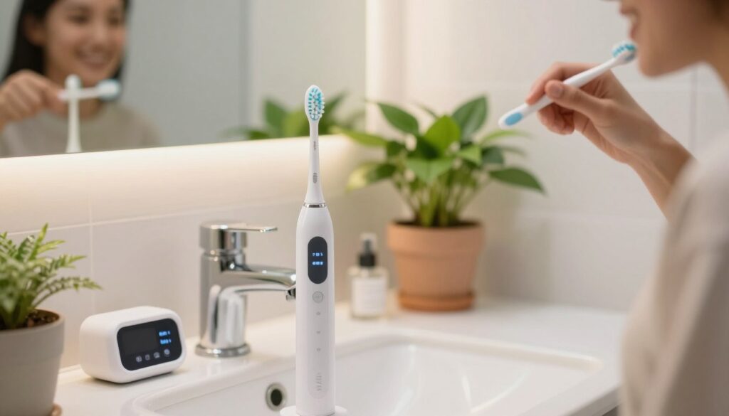A bright and inviting bathroom scene featuring a modern sonic toothbrush placed on a sink beside a timer. In the foreground, a smiling person in smart casual clothing is brushing their teeth, showcasing proper technique. The middle ground includes a clear view of the sonic toothbrush with a digital display showing a timer, emphasizing the concept of timed brushing. The background has soft ambient lighting with a mirror reflecting a clean and organized bathroom, complete with vibrant potted plants. The atmosphere is cheerful and healthy, promoting effective dental hygiene practices. Use a slightly blurred focus on the background to draw attention to the brushing action in the foreground.