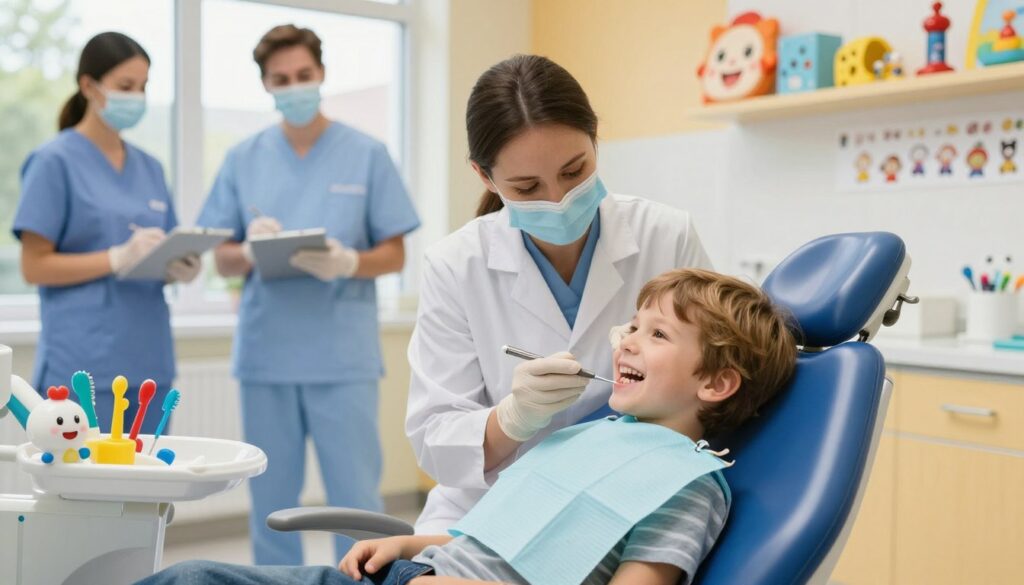 A cheerful pediatric dentist in a bright, colorful clinic is examining a young child’s teeth. The child, a smiling boy with light brown hair, sits in a reclining dental chair, surrounded by playful decorations like cartoon characters and colorful dental tools. In the background, friendly dental assistants wear scrubs and are organizing fun stickers and toys on a shelf. Soft, natural lighting filters through large windows, casting a warm glow over the scene. The overall atmosphere feels welcoming and safe, designed to ease children's anxiety about dental visits. The camera angle captures the interaction between the dentist and child, focusing on their expressions of curiosity and care. A cheerful pediatric dentist in a bright, colorful clinic is examining a young child’s teeth. The child, a smiling boy with light brown hair, sits in a reclining dental chair, surrounded by playful decorations like cartoon characters and colorful dental tools. In the background, friendly dental assistants wear scrubs and are organizing fun stickers and toys on a shelf. Soft, natural lighting filters through large windows, casting a warm glow over the scene. The overall atmosphere feels welcoming and safe, designed to ease children's anxiety about dental visits. The camera angle captures the interaction between the dentist and child, focusing on their expressions of curiosity and care.