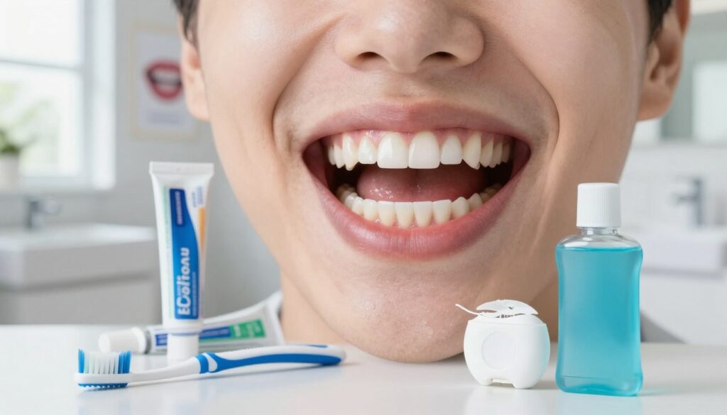A clean and bright dental care scene focusing on oral hygiene. In the foreground, a well-organized dental hygiene kit featuring a toothbrush, toothpaste, dental floss, and mouthwash. The middle ground shows a close-up of a healthy human mouth with gleaming teeth and visible gums, emphasizing proper care methods. In the background, a softly lit bathroom or dental office setting, with inspirational posters about gum health on the walls and natural light filtering through a window, creating a soothing atmosphere. The overall mood is fresh, encouraging, and educational, highlighting the importance of maintaining oral hygiene, especially during gum pain. Ensure the human mouth depicted appears professional and clean, emphasizing hygiene. A clean and bright dental care scene focusing on oral hygiene. In the foreground, a well-organized dental hygiene kit featuring a toothbrush, toothpaste, dental floss, and mouthwash. The middle ground shows a close-up of a healthy human mouth with gleaming teeth and visible gums, emphasizing proper care methods. In the background, a softly lit bathroom or dental office setting, with inspirational posters about gum health on the walls and natural light filtering through a window, creating a soothing atmosphere. The overall mood is fresh, encouraging, and educational, highlighting the importance of maintaining oral hygiene, especially during gum pain. Ensure the human mouth depicted appears professional and clean, emphasizing hygiene.