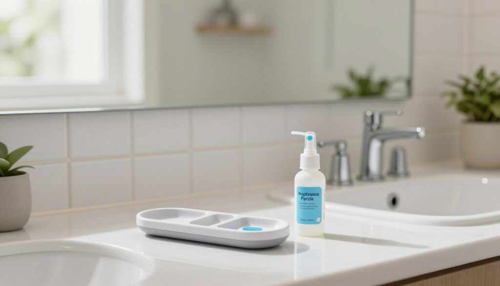 A clean and bright home environment features a dental whitening kit prominently in the foreground. The kit includes a sleek, modern application tray and a small bottle of hydrogen peroxide, artistically arranged on a polished bathroom countertop. In the middle, a stylish mirror reflects the scene, showcasing clean, white tiles and an elegantly designed sink. Soft, natural light filters in from a window, creating a warm, inviting atmosphere. In the background, subtle hints of greenery from potted plants add freshness. The overall mood is calm and reassuring, emphasizing safety and effectiveness in home teeth whitening rituals. The focus is on the dental products while maintaining a serene, organized aesthetic. A clean and bright home environment features a dental whitening kit prominently in the foreground. The kit includes a sleek, modern application tray and a small bottle of hydrogen peroxide, artistically arranged on a polished bathroom countertop. In the middle, a stylish mirror reflects the scene, showcasing clean, white tiles and an elegantly designed sink. Soft, natural light filters in from a window, creating a warm, inviting atmosphere. In the background, subtle hints of greenery from potted plants add freshness. The overall mood is calm and reassuring, emphasizing safety and effectiveness in home teeth whitening rituals. The focus is on the dental products while maintaining a serene, organized aesthetic.