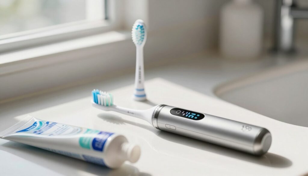 A clean and modern bathroom countertop featuring a close-up view of a sonic toothbrush with interchangeable brush heads, emphasizing various types of brush heads such as soft and medium bristles. The sonic toothbrush is elegantly designed, with a sleek metallic body and an LED display showing settings. In the foreground, a tube of toothpaste is open, showcasing its vibrant color and texture. In the background, soft morning light streams through a frosted window, casting gentle shadows and creating a serene atmosphere. The image should be well-lit, with a shallow depth of field, highlighting the toothbrush and accessories while softly blurring the surrounding elements, conveying a mood of freshness and readiness for oral hygiene.