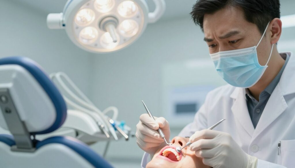 A clinical dental setting featuring a dental chair and tools, with a close-up focus on a patient's mouth showing inflamed gums, highlighting potential complications after anesthesia. The foreground includes a dentist in professional attire examining the patient's gums with a concerned expression, wearing gloves and a mask. In the middle, dental tools such as a mirror and probe are visible, while the background features bright, sterile surgical lights and a softly blurred dental office environment. The overall mood is serious yet informative, aiming to evoke awareness and prompt examination of dental complications. The lighting is bright and clinical, enhancing the details of the gums and tools with a shallow depth of field.