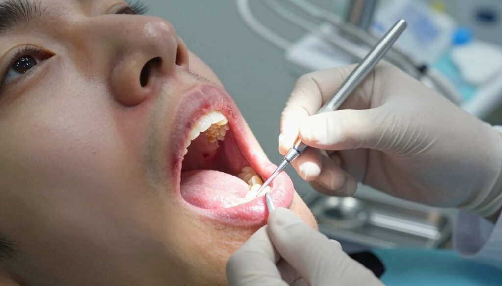 A clinical examination of oral mucosal changes, focusing on the symptoms of canker sores, thrush, and cold sores. The foreground features a close-up view of a healthy oral cavity contrasted with areas showing distinct lesions and inflammation on the gums and tongue. In the middle ground, a dental professional, dressed in a white coat and gloves, is gently examining the patient’s mouth with a surgical light illuminating the area, creating a bright and sterile atmosphere. The background includes dental tools organized neatly on a tray, emphasizing a clinical setting. The mood is informative and serious, conveying a sense of care and thorough examination. Soft, natural lighting enhances the details, ensuring clarity and focus on the oral conditions presented.