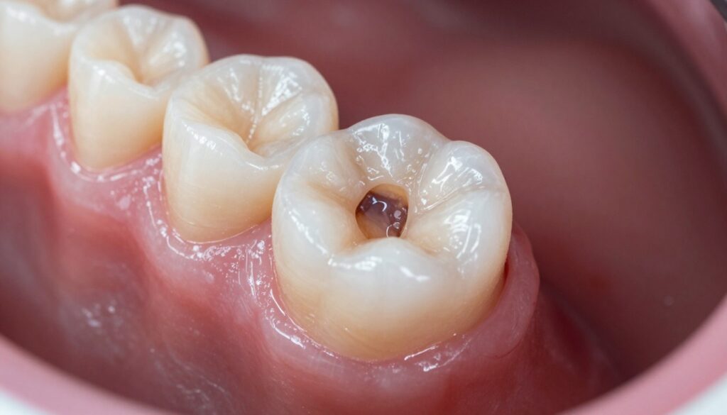 A close-up dental view focusing on a decayed tooth at the gum line, highlighting a dark discoloration indicative of dental caries. The tooth should be partially visible, showing the contrast between the healthy gum tissue and the affected area. Use a bright, clinical lighting to emphasize the details of the tooth and surrounding gums. Capture this from a slightly angled perspective, showcasing the texture of the tooth enamel and the pink hue of the gums. The background should be blurred to keep attention on the dental subject, creating a sterile, professional atmosphere suited for a medical or dental publication. No captions or text overlays are to be included.
