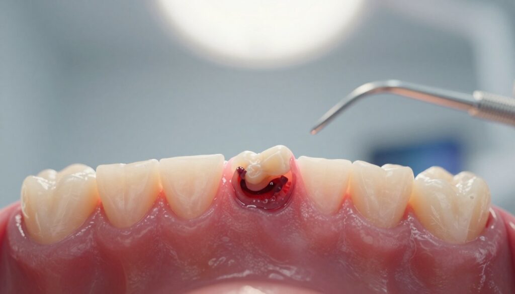 A close-up depiction of a healing dental socket after tooth extraction, showcasing the moment when a blood clot has either fallen away or is about to detach. In the foreground, focus on the detailed texture of the gum tissue, illustrating the soft redness and slight swelling around the site. Transition into the middle ground with a blurred dental tool gently hovering above the area, symbolizing care and attention. In the background, create a sterile clinical setting with soft, focused lighting emanating from above, reflecting a professional dental atmosphere. The overall mood should be calm and informative, emphasizing the importance of oral health and recovery processes. No human subjects should be included, ensuring the image remains focused solely on the dental environment.
