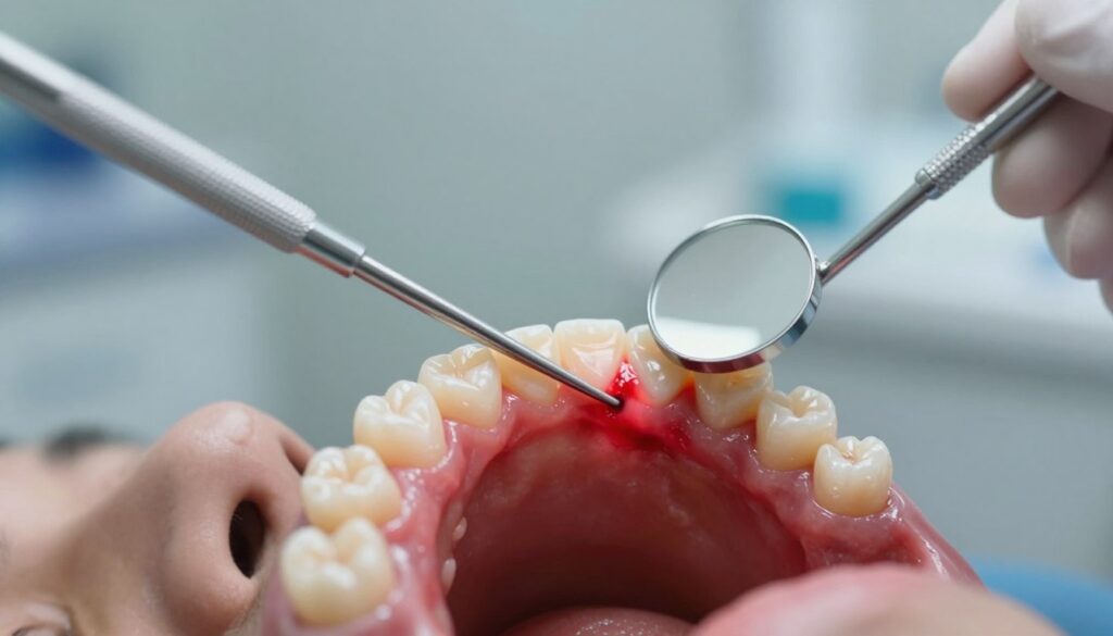 A close-up depiction of an inflamed gum area surrounding a tooth, highlighting the vivid redness and swelling indicative of gum bleeding. The foreground focuses on a patient's mouth, showing detailed textures of the gums and teeth in a clinical light. The middle ground features dental instruments, such as a probe and mirror, strategically placed to suggest an examination context. In the background, a soft, blurred dental clinic environment adds to the clinical atmosphere without distracting from the focal point. The lighting is bright yet soft, simulating an examination room, emphasizing the seriousness of dental health while maintaining a professional and sterile ambiance. The image should convey concern and awareness regarding oral health without any human figures but rather an emphasis on the dental condition.
