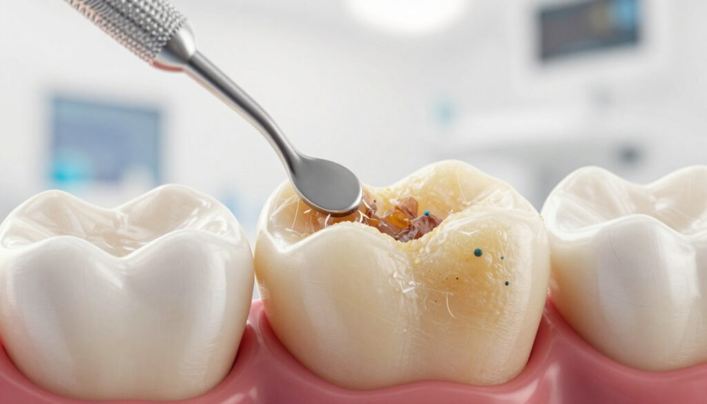 A close-up, highly detailed image of dental calculus (tartar) on a tooth, showcasing the yellow and brownish plaque buildup formed by bacteria. The foreground features the tooth prominently, highlighting the rough texture of the tartar covered with small bacteria represented as tiny blue and green specks. In the middle ground, a dental tool for scaling can be subtly placed to indicate the context. The background should be softly blurred, resembling a dental office to imply a clinical environment. Utilize bright, clean white lighting to emphasize hygiene, with a slight vignette effect to draw focus towards the tooth. The mood is educational and serious, capturing the importance of dental health and the implications of untreated tartar.