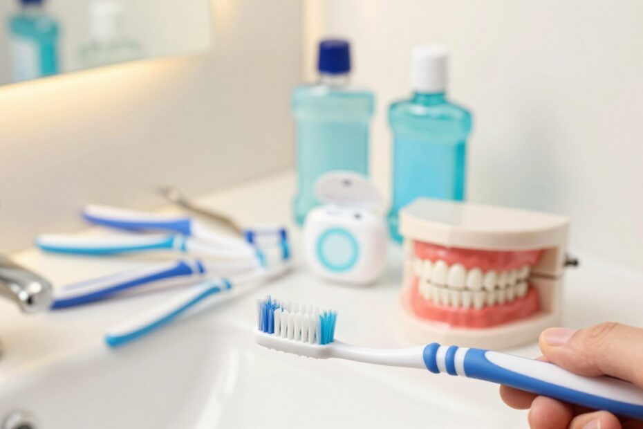 A close-up illustration focused on dental hygiene, showcasing an array of dental care products such as toothbrushes, dental floss, mouthwash, and a model of healthy gums displaying the early signs of gum disease. In the foreground, a hand holds a toothbrush, emphasizing proper brushing techniques. The middle layer features a circular arrangement of dental tools, highlighting their importance in preventing dental decay. The background should be softly blurred, suggesting a clean and bright bathroom setting with warm lighting that creates a calming atmosphere. The lens should be macro to capture details, enhancing the focus on the tools and highlighting the importance of oral health in preventing issues like cavities near the gums.