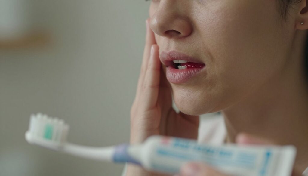 A close-up image of a person gently holding their cheek, showing a subtle expression of concern. Their mouth is slightly open, revealing a glimpse of swollen gums with a hint of redness to indicate bleeding. The foreground features a soft-focus toothbrush and toothpaste, symbolizing dental care. In the middle, there are delicate dental health pamphlets subtly blurred to represent safe responses to gum issues, contributing to the educational atmosphere. The background is softly lit, creating a calming ambiance with warm, muted colors. The mood is gentle and informative, aiming to evoke empathy and awareness about gum health during pregnancy, while maintaining a professional and safe visual style.