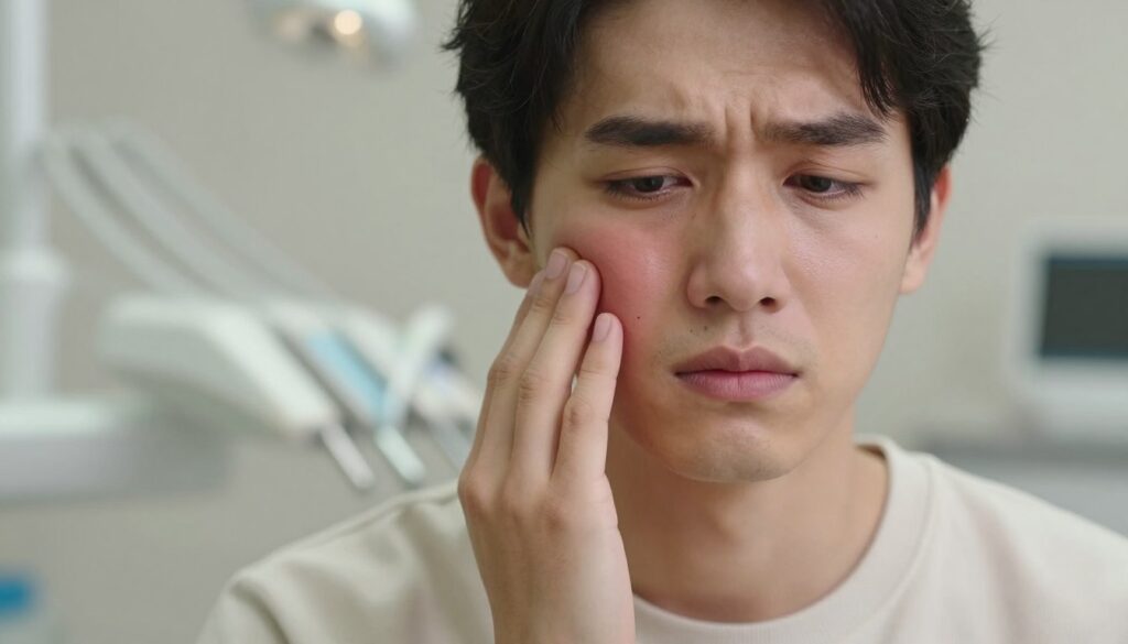 A close-up image of a person's face experiencing mild discomfort after a tooth extraction, set against a softly blurred dental office background. The individual, a young adult dressed in a simple, comfortable outfit, gently touches their cheek, highlighting slight swelling. The facial expression conveys a mix of concern and calm acceptance, with the lighting warm and inviting to create a soothing atmosphere. Focus on capturing the details of the cheek’s swelling and the person's subtle emotions. Use a shallow depth of field to emphasize the person while softly blurring the dental tools and equipment in the background, creating a clinical yet comforting feel. The overall mood should be one of understanding and reassurance for those undergoing a similar experience.