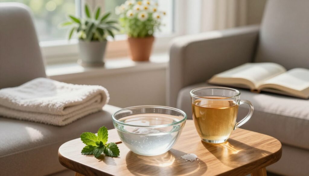 A close-up image of a serene home environment featuring natural remedies for gum inflammation relief. In the foreground, a small wooden table holds a bowl of warm saltwater, a glass of herbal tea, and a sprig of fresh mint. The middle ground includes a cozy armchair with a neatly folded towel and an open book about dental care. In the background, soft sunlight filters through a window, casting a warm glow on potted herbs like chamomile and sage on a windowsill, enhancing the atmosphere of healing and comfort. The scene is calming and inviting, reflecting a home-based approach to alleviating symptoms before a dental visit.