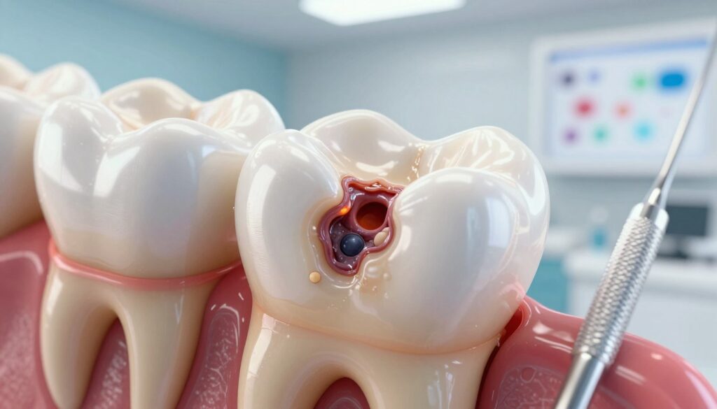 A close-up microscopic view of a tooth decaying at its core, highlighting the main causes of dental pulp inflammation. In the foreground, show detailed images of harmful bacteria attacking the tooth, with visible cavities and decay. In the middle ground, depict a shiny enamel surface reflecting light, contrasting with dull areas of decay. The background should feature a soft-focus dental clinic environment, with tools and dental charts blurred out. Utilize bright, clinical lighting to emphasize cleanliness and health. The overall mood should feel urgent but educational, illustrating the seriousness of dental health while remaining visually engaging and informative.