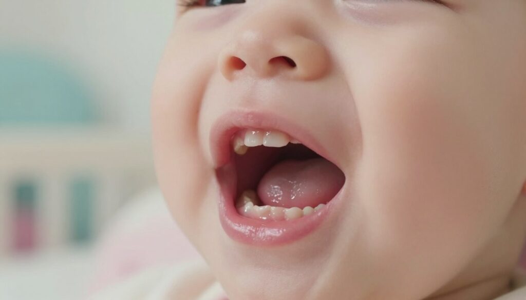 A close-up of a baby's gums during teething, showing bleeding gums with a focus on the contrasts between the pinkish gum tissue and the emerging white tooth buds. The foreground features the baby's mouth slightly open, revealing the inflamed gums with a gentle sheen of moisture, highlighting the tenderness. In the middle ground, there is soft, diffused lighting that emphasizes the innocence and vulnerability of the moment. The background should be a blurred nursery setting, with pastel colors for a warm, comforting atmosphere. The mood is slightly tense yet natural, reflecting the common struggles of teething. Emphasize the detail of the gums without depicting any pain or distress on the baby's face, keeping the image calm and informative.