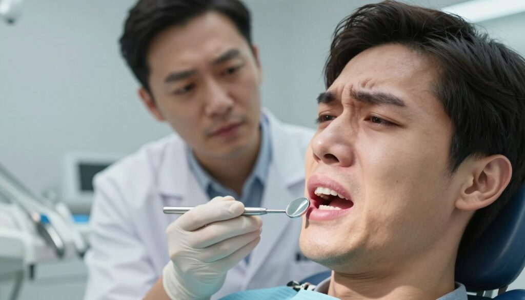 A close-up of a concerned person with a pained expression, showcasing a dental examination setting. The foreground features the person's face, showing subtle signs of discomfort, with a focus on their closed mouth and slightly furrowed brow. In the middle, a professional dentist in a white coat examines the person's oral cavity using a dental mirror and probe, looking attentive and focused. The background should depict a modern dental office, with soft, ambient lighting illuminating sterile instruments and a dental chair. The mood conveys urgency and concern, highlighting the connection to symptoms of gum disease. The lens should have a shallow depth of field to emphasize the expressions of both the patient and the dentist.