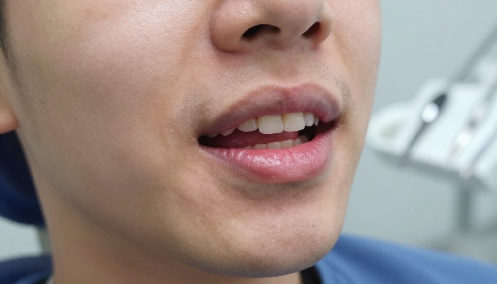 A close-up of a human mouth showing swollen gums after a tooth extraction, with a focus on the gums' texture and color, highlighting the mild redness and swelling. The foreground features a soft, diffused light to create a clinical yet calm atmosphere. In the background, a blurred dental clinic environment can be seen, suggesting a clean and professional setting, with dental tools subtly placed on a tray. The subject’s face should be partially visible, displaying a neutral expression, dressed in modest casual clothing to maintain professionalism. Overall, the mood should be informative and reassuring, inviting viewers to understand the symptoms associated with tooth extraction recovery without feeling alarmed.