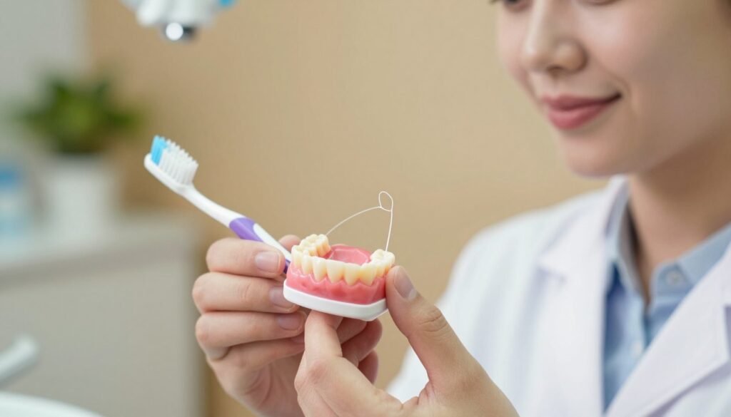 A close-up of healthy gums, showcasing their bright pink color and smooth texture, highlighted against a backdrop of dental tools like a toothbrush and floss in soft focus. In the foreground, a professional dentist in a white coat inspects the gums with a gentle expression, emphasizing care and expertise. Subtle lighting creates a warm and inviting atmosphere, capturing the essence of dental health. The background features a calming dental office scene with plants and warm colors, enhancing the feeling of comfort and professionalism. The image evokes a sense of trust and well-being, focusing on maintaining good oral hygiene and the importance of habits that support gum health.