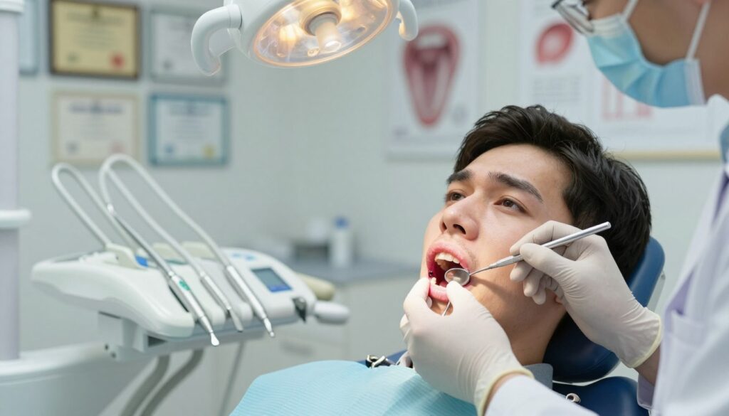 A close-up scene depicting a dental diagnostic examination of gum necrosis. In the foreground, a dentist wearing a white coat and gloves examines a patient's gums with a dental mirror and probe, focused on identifying redness and signs of necrosis. The patient, seated in a modern dental chair, expresses mild concern, providing a sense of urgency. In the middle, various dental tools and diagnostic equipment are neatly arranged on a sterile tray, showcasing professionalism. The background features soft, diffused lighting from overhead dental lamps, creating a clinical yet calm atmosphere. A wall of diplomas and dental posters subtly hints at expertise and knowledge, enhancing the mood of seriousness and care in diagnosing gum health.