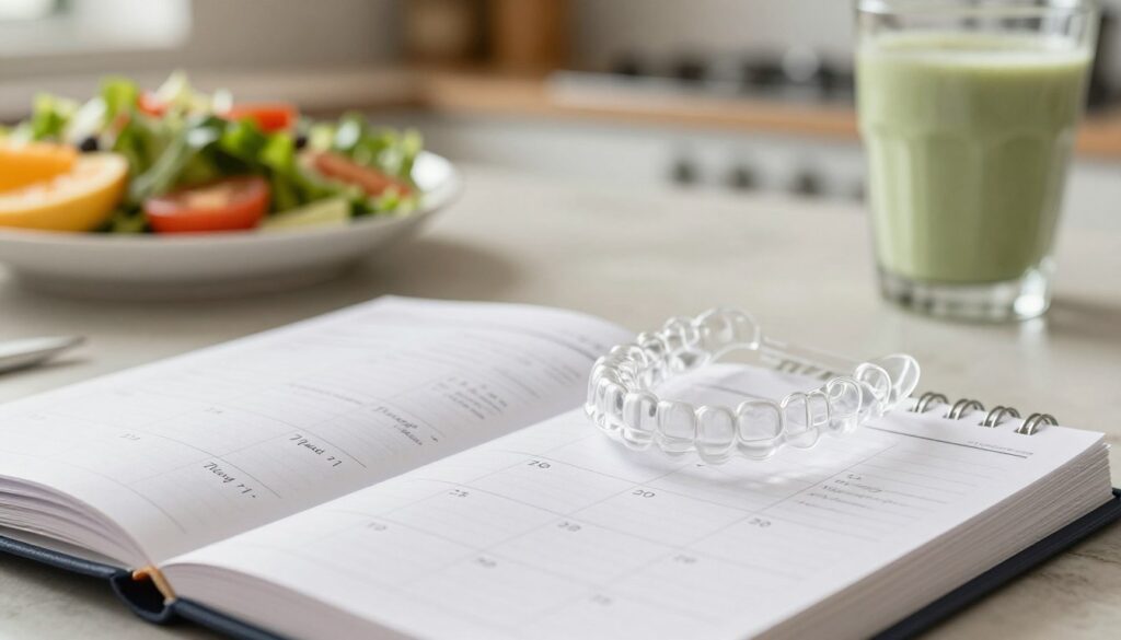 A close-up scene featuring a modern calendar or planner with a clear daily schedule, showcasing time slots for wearing dental aligners and meal times. The foreground displays a neatly arranged planner open to a specific day's schedule written in an elegant script, with times highlighted. In the middle ground, include a pair of dental aligners beside the planner, emphasizing their transparent design. The background should consist of a softly lit kitchen space with healthy food items like fruits, a salad, and a smoothie, creating a warm, inviting atmosphere. Use natural lighting to enhance the mood, focusing on a cozy yet professional setting. Convey a sense of practicality and balance between wearing dental aligners and enjoying meals comfortably.