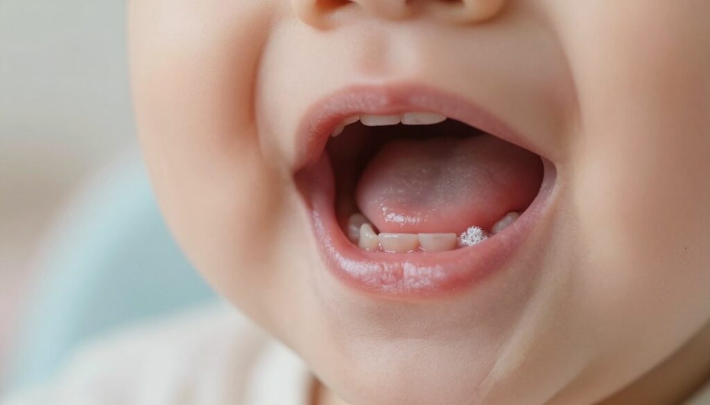 A close-up view of a baby's mouth, showcasing the gums in specific detail. On one side, represent the healthy gums of a teething infant, displaying slight swelling and the beginnings of teeth breaking through. On the other side, illustrate candid symptoms of oral thrush, featuring a white, fuzzy coating on the gums and tongue. The background should be a soft, blurred pastel color, evoking a calm and soothing atmosphere. Utilize natural daylight to illuminate the scene, bringing attention to the textures of the gums. Capture the image from a slightly elevated angle, emphasizing the contrast between the two conditions. Focus on clarity and warmth, ensuring a safe and professional representation suitable for a medical audience.