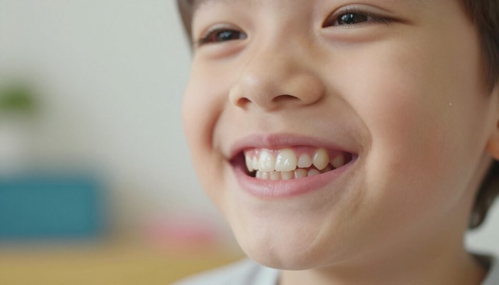 A close-up view of a child's mouth showcasing a gentle smile, revealing a set of baby teeth, also known as primary teeth. The foreground features the teeth gleaming with a healthy sheen, highlighting their delicate and small nature. The middle ground captures the child's playful expression, embodying innocence and the joy of childhood. In the background, soft, blurred colors of a cozy home environment enhance the warmth and safety associated with childhood. Soft, natural lighting illuminates the scene, creating a nurturing atmosphere. The composition evokes a sense of tenderness and care, emphasizing the importance of dental health in children. The angle is slightly from below, offering a charming view of the teeth while maintaining a warm and engaging perspective.