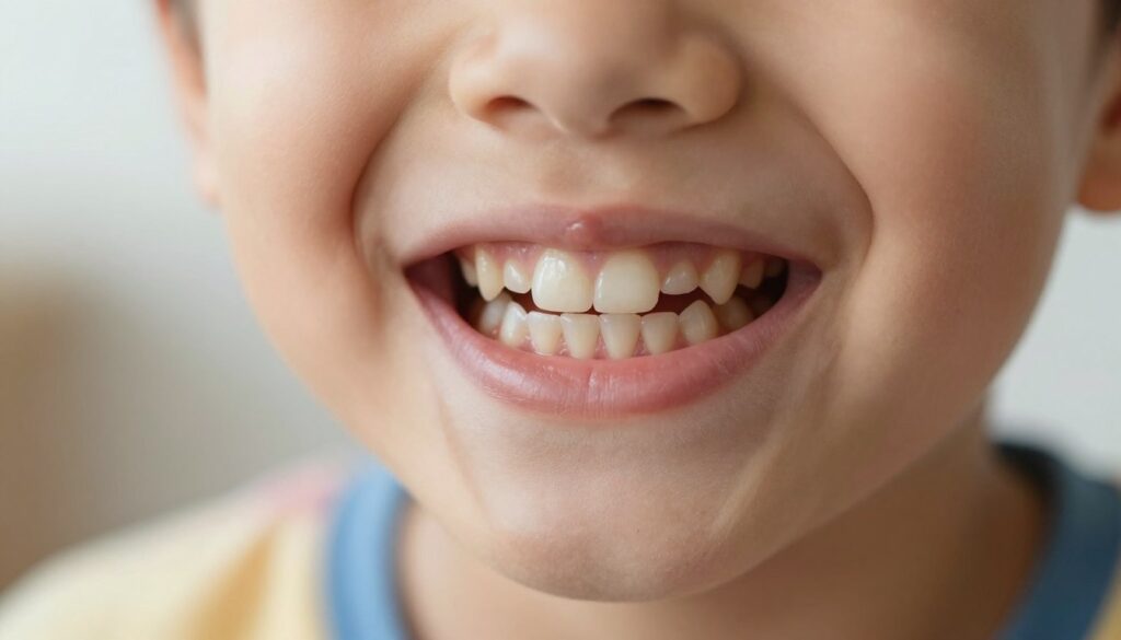 A close-up view of a child's mouth, showcasing the emerging first permanent teeth, focusing on the lower jaw. The image captures a gentle smile, emphasizing the new, shiny molars alongside the remaining baby teeth. The background is softly blurred to emphasize the mouth, creating a warm and inviting atmosphere. Soft, natural lighting illuminates the scene from the top left corner, highlighting the healthy enamel and the subtleties of the gums. The child is depicted in a modest, colorful shirt, looking inquisitive and cheerful. The image conveys a sense of growth and discovery, embodying the transition from baby teeth to permanent ones.