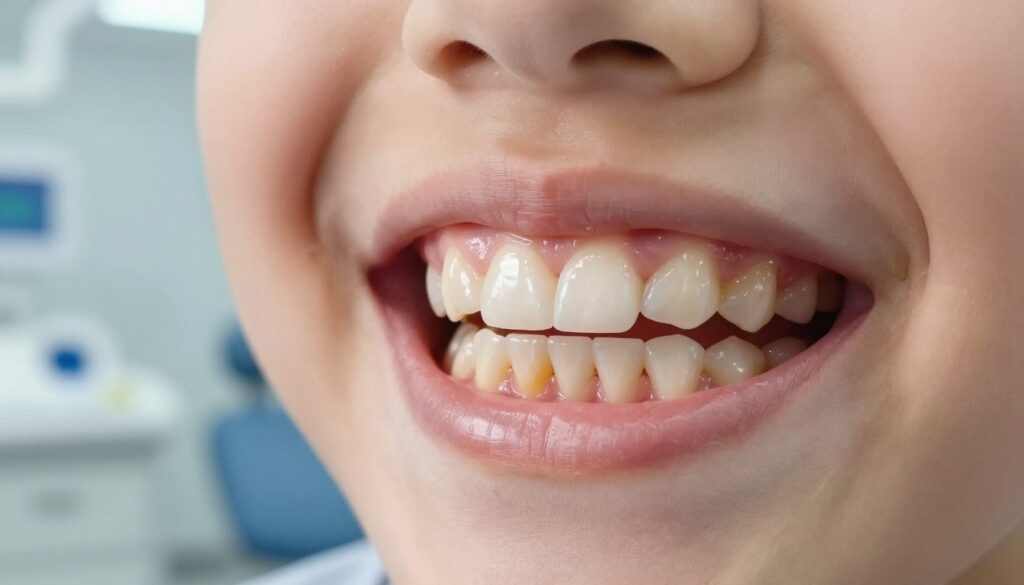 A close-up view of a child's mouth showing a unique set of teeth, prominently featuring the ninth tooth in an unusual position among the other teeth. The foreground focuses on the shiny, healthy teeth with one tooth distinctively different in shape and color, possibly highlighting its rarity. In the middle ground, a soft, blurred dental examination room is lightly lit, adding a clinical yet welcoming atmosphere. The background could include dental tools and charts, subtly hinting at dental health education. The lighting is bright and even, enhancing the features of the teeth. Capture a whimsical yet informative mood, emphasizing curiosity and the uniqueness of dental variations.