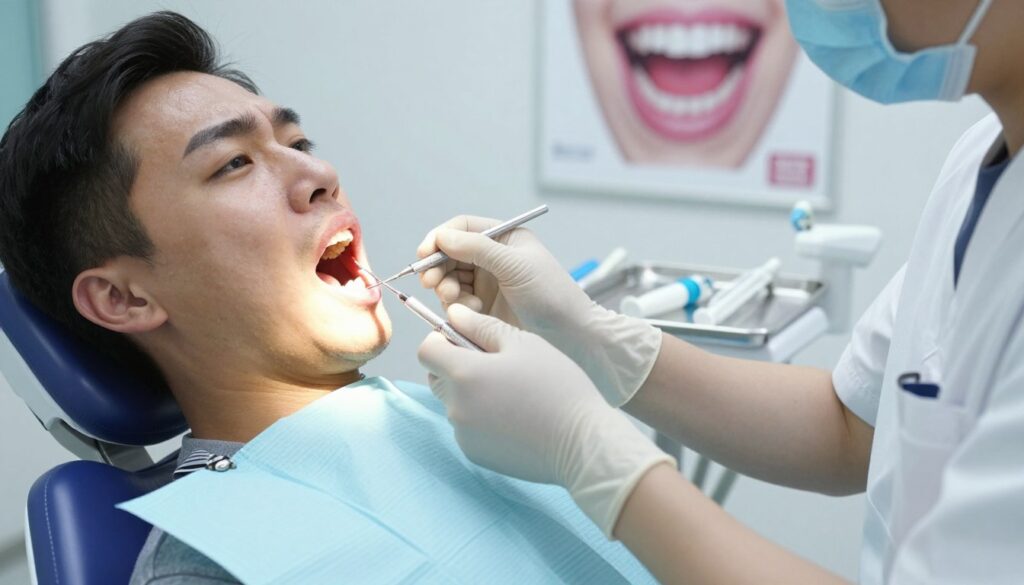 A close-up view of a dental clinic setting focused on the extraction of a wisdom tooth. In the foreground, a patient is seated in a dental chair, wearing a light blue dental gown, looking slightly anxious. The dental professional in white scrubs is carefully examining the patient's swollen gum, showing signs of inflammation and discomfort. In the middle of the image, dental tools such as forceps and an anesthetic syringe are neatly arranged on a tray. The background features clinical lighting that illuminates the room, with soft white walls and a large dental poster about oral health. The atmosphere conveys a mix of tension and professionalism, emphasizing the experience of wisdom tooth extraction and its aftermath.