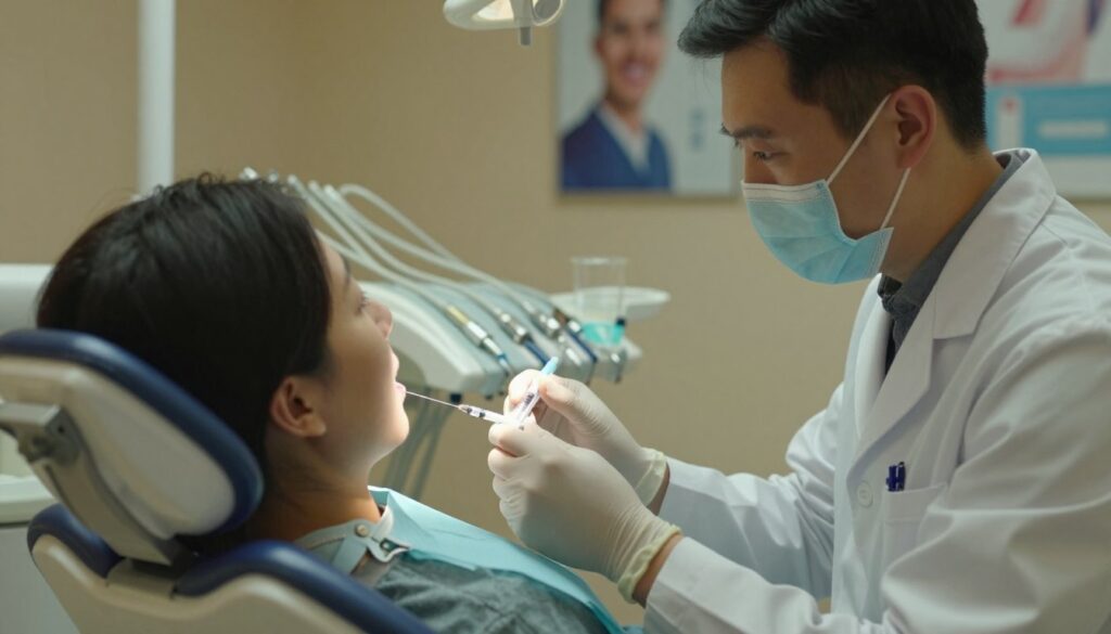 A close-up view of a dental clinic setting, focusing on a dental chair with a patient seated, displaying a calm demeanor, while a dentist in professional attire is preparing to administer local anesthesia. In the foreground, the dentist holds a syringe with a gentle, reassuring expression. The background features a well-organized dental workspace with various tools neatly arranged and soft, diffused lighting creating a warm atmosphere. Dim yellow lighting adds to the soothing environment, while a few dental posters are visible on the walls for educational purposes. The image conveys a sense of professionalism and care, illustrating the process of local anesthesia before a dental procedure.