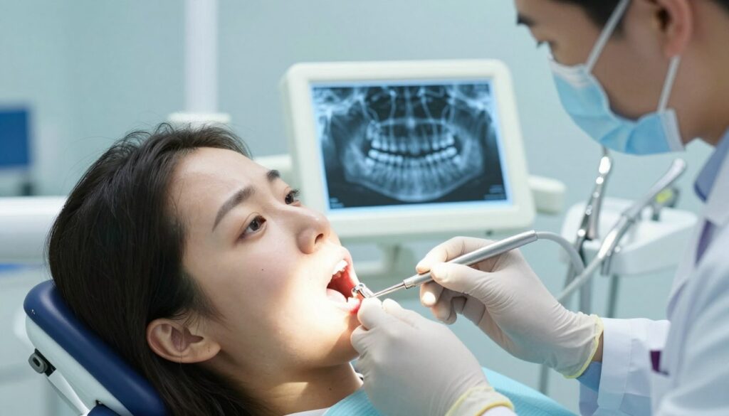 A close-up view of a dental exam scene featuring a patient sitting in a modern dental chair, looking somewhat anxious. The foreground focuses on the patient’s mouth being examined by a dentist, who is wearing professional attire, a mask, and gloves. In the middle, there’s a dental X-ray image displayed on a lightbox, clearly showing a jaw with a visible dental cyst near the tooth root. The background includes dental tools and a calming blue and white color scheme, conveying a clean and professional dental office atmosphere. Soft, diffused lighting highlights the details in the patient’s mouth and the X-ray, emphasizing the importance of dental health and the urgency of seeking treatment.