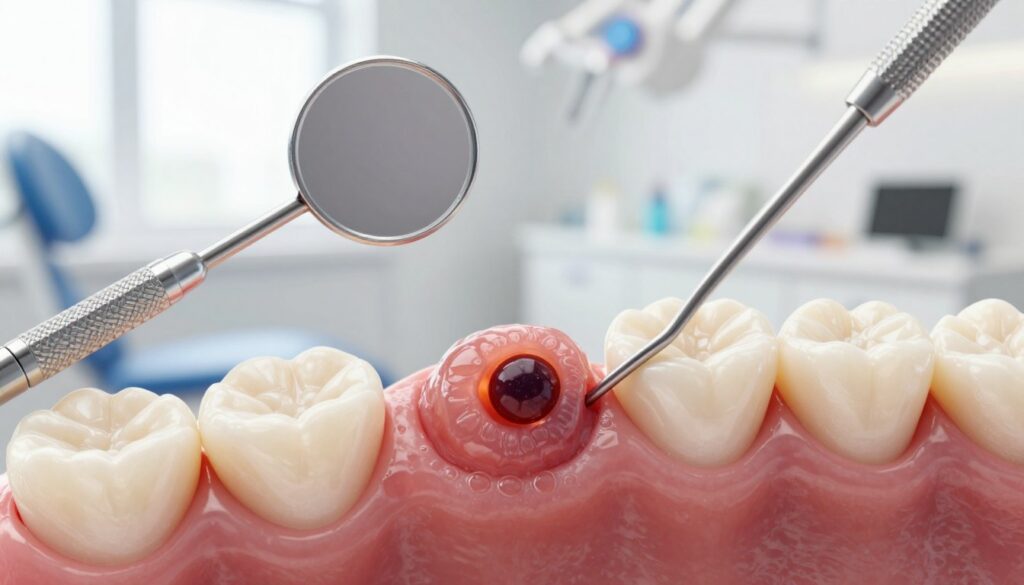 A close-up view of a dental examination focusing on a gum cyst, highlighting various causes and risk factors surrounding oral health. In the foreground, a detailed representation of a dental gum showing a cyst with a slight swelling, its texture capturing the nuances of healthy and unhealthy tissue. In the middle ground, tools like a dental mirror and probe are positioned, emphasizing a clinical setting. In the background, a softly blurred dental office environment with bright, natural lighting to create a clean and sterile atmosphere. The mood is professional and informative, promoting awareness about dental health issues. The image should be vivid, capturing the nuances of the condition without any human subjects or text elements.
