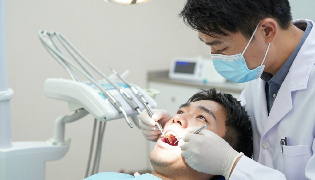 A close-up view of a dental examination scene in a well-lit dentist's office. In the foreground, a dental professional in a white coat is examining a patient's mouth, showcasing inflamed gums and white patches, indicative of potential post-extraction concerns. The dentist should be focused and professional, wearing a mask and gloves, while the patient appears anxious yet reassured by the dentist's expertise. In the middle, a dental chair and various dental tools are visible, highlighting the clinical environment. In the background, soft, natural lighting floods the room, creating a calming atmosphere. The mood conveys professionalism, urgency, and a need for medical attention, emphasizing the importance of recognizing dental symptoms.