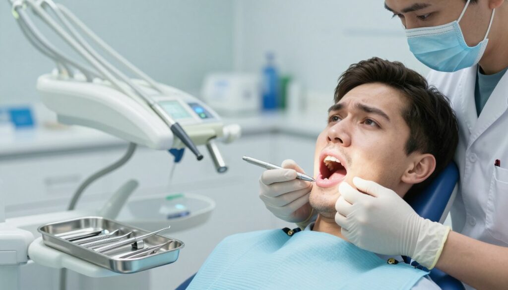 A close-up view of a dental patient in a modern dental office, sitting in a comfortable dental chair with a concerned expression. The foreground features a pristine dental instrument tray with tools used for root canal treatment. In the middle ground, a dentist in a professional attire, wearing gloves and a mask, examines the patient's swollen jaw area, indicating inflammation and discomfort. The background displays dental equipment and a calming blue and white color palette, creating a hygienic and professional atmosphere. Soft, diffused lighting highlights the patient's face, conveying a sense of care and attention. The image aims to evoke a mix of concern and professionalism, representing the aftermath of dental procedures like root canal treatment.